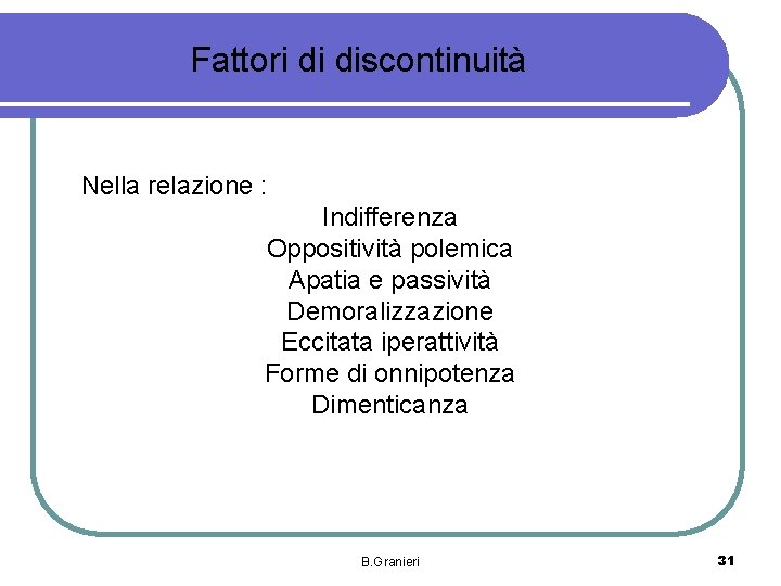 Fattori di discontinuità Nella relazione : Indifferenza Oppositività polemica Apatia e passività Demoralizzazione Eccitata