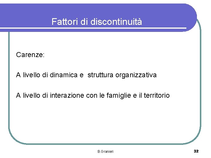 Fattori di discontinuità Carenze: A livello di dinamica e struttura organizzativa A livello di