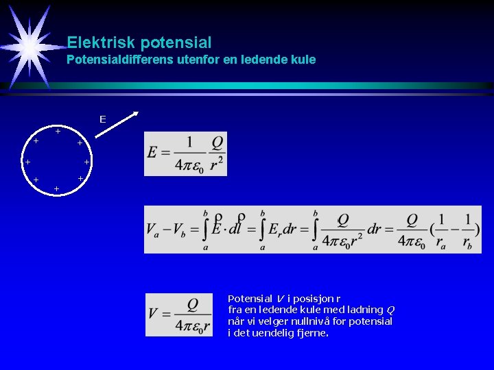 Elektrisk potensial Potensialdifferens utenfor en ledende kule + E + + + + Potensial