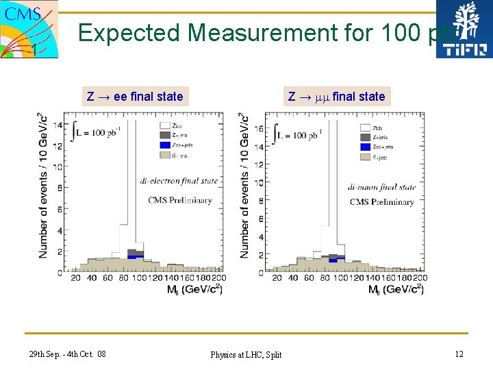 1 Expected Measurement for 100 pb. Z → mm final state Z → ee