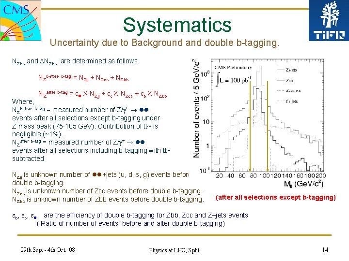 Systematics Uncertainty due to Background and double b-tagging. NZbb and DNZbb are determined as