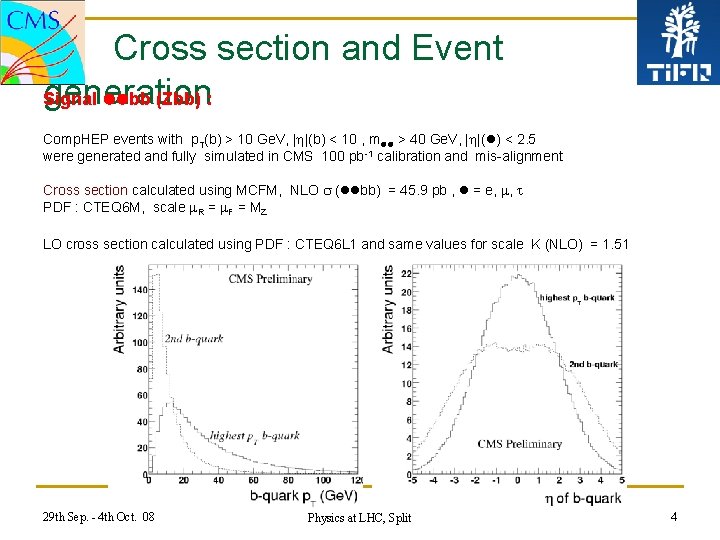 Cross section and Event generation Signal bb (Zbb) : Comp. HEP events with p.