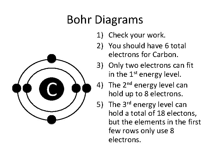 Bohr Diagrams C 1) Check your work. 2) You should have 6 total electrons