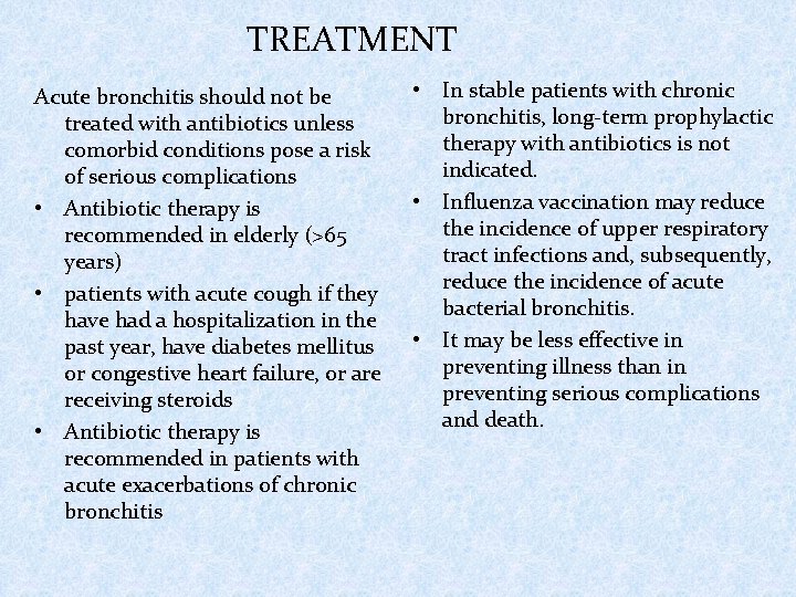 TREATMENT Acute bronchitis should not be treated with antibiotics unless comorbid conditions pose a