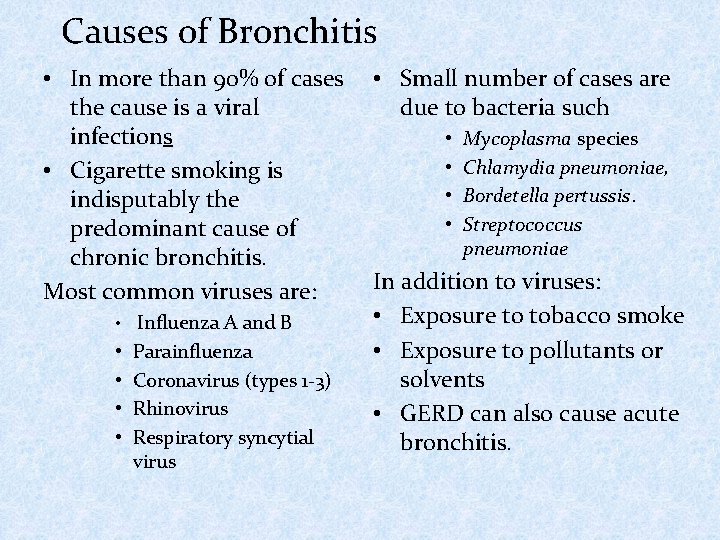 Causes of Bronchitis • In more than 90% of cases the cause is a