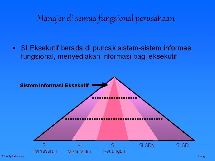 Manajer di semua fungsional perusahaan • SI Eksekutif berada di puncak sistem-sistem informasi fungsional,