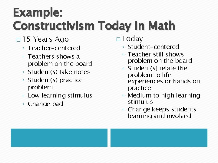 Example: Constructivism Today in Math � 15 Years Ago ◦ Teacher-centered ◦ Teachers shows