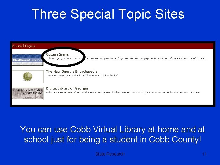 Three Special Topic Sites You can use Cobb Virtual Library at home and at