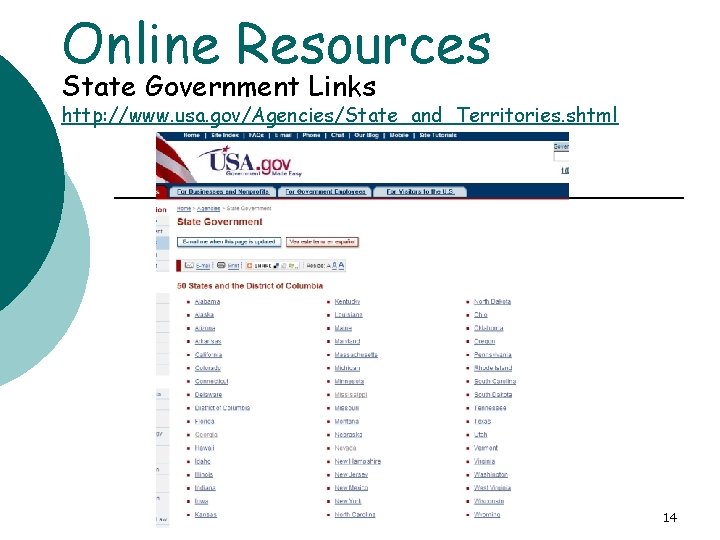 Online Resources State Government Links http: //www. usa. gov/Agencies/State_and_Territories. shtml State Research 14 