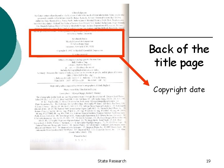 Back of the title page Copyright date State Research 19 