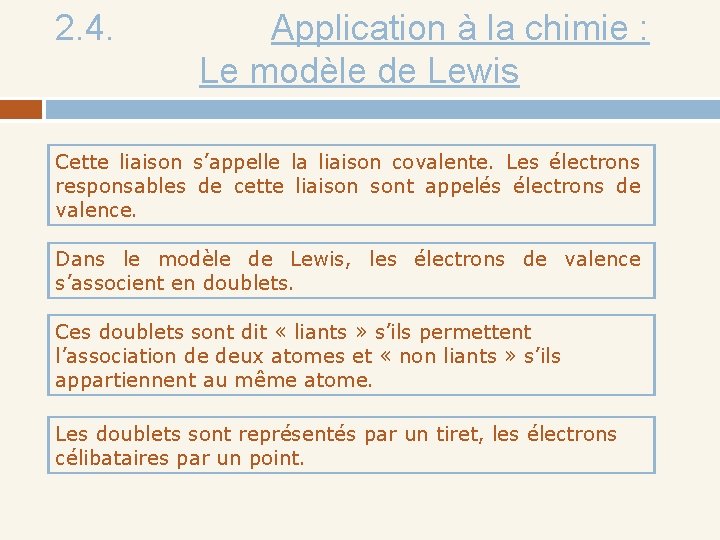 2. 4. Application à la chimie : Le modèle de Lewis Cette liaison s’appelle