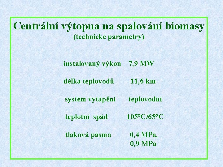 Centrální výtopna na spalování biomasy (technické parametry) instalovaný výkon 7, 9 MW délka teplovodů