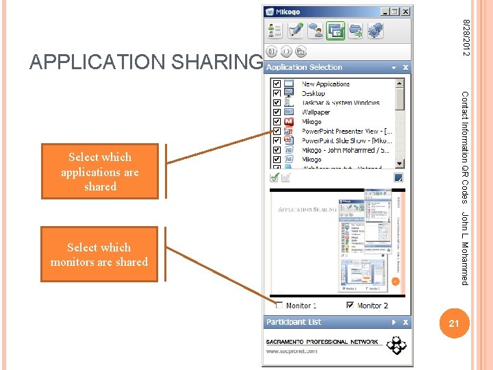 8/28/2012 APPLICATION SHARING Contact Information QR Codes Select which applications are shared John L.
