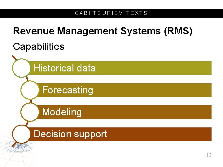 CABI TOURISM TEXTS Revenue Management Systems (RMS) Capabilities Historical data Forecasting Modeling Decision support