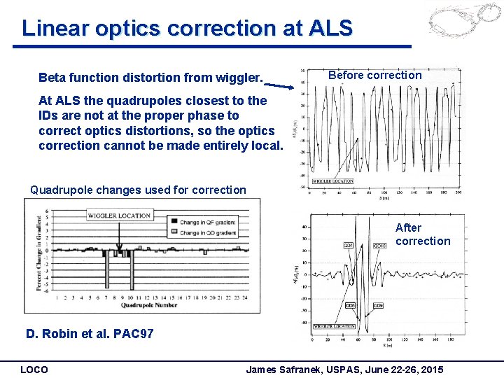 Linear optics correction at ALS Beta function distortion from wiggler. Before correction At ALS
