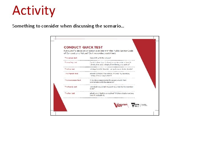 Activity Something to consider when discussing the scenario… 