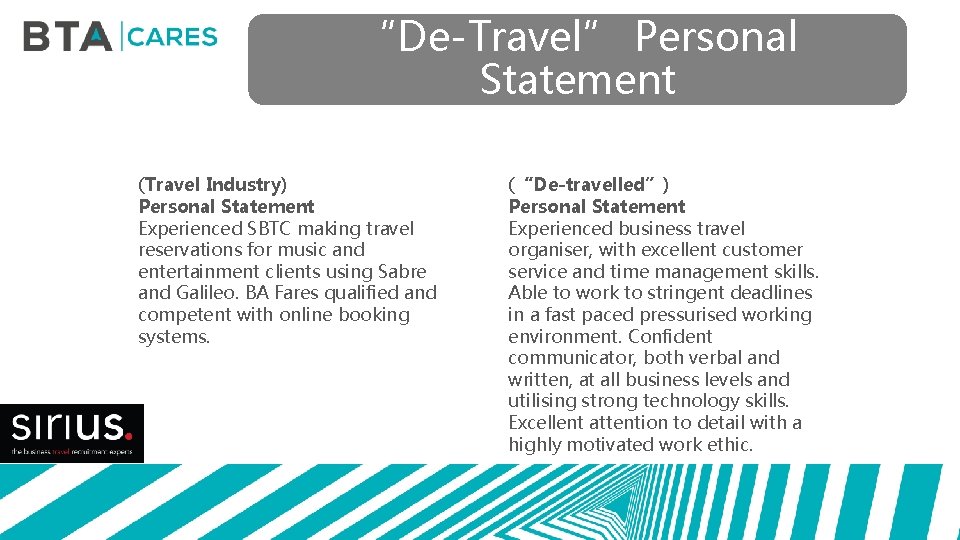 “De-Travel” Personal Statement (Travel Industry) Personal Statement Experienced SBTC making travel reservations for music