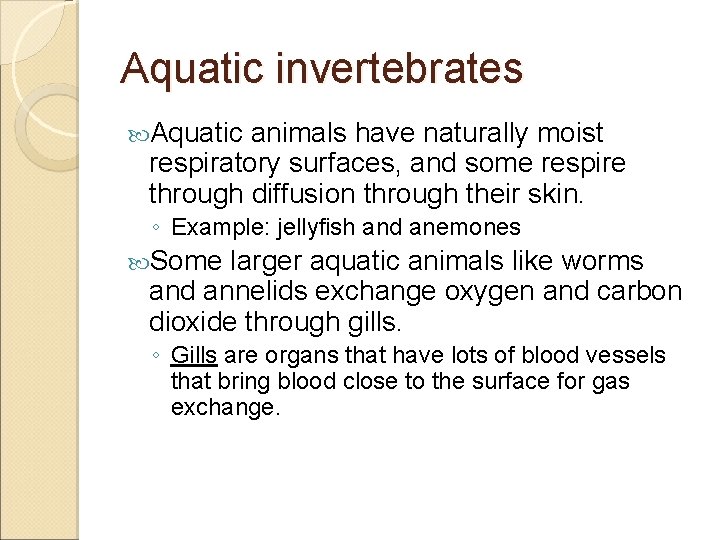 Aquatic invertebrates Aquatic animals have naturally moist respiratory surfaces, and some respire through diffusion