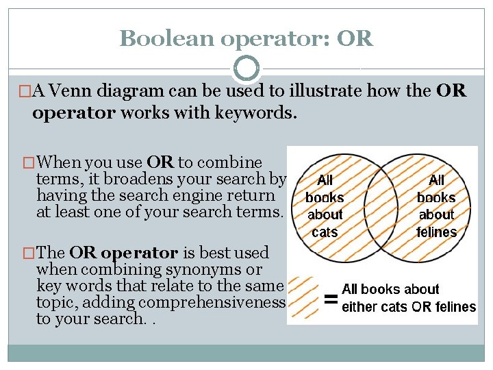 Boolean operator: OR �A Venn diagram can be used to illustrate how the OR