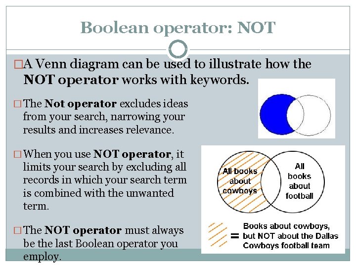 Boolean operator: NOT �A Venn diagram can be used to illustrate how the NOT