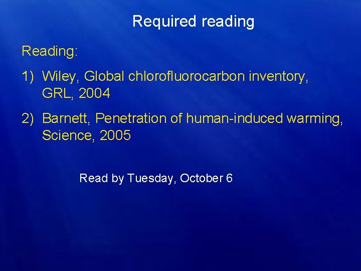 Required reading Reading: 1) Wiley, Global chlorofluorocarbon inventory, GRL, 2004 2) Barnett, Penetration of