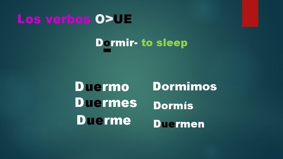 Los verbos O>UE Dormir- to sleep Duermo Duermes Duerme Dormimos Dormís Duermen 