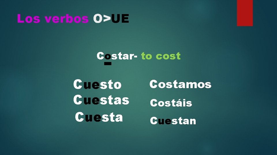 Los verbos O>UE Costar- to cost Cuesto Cuestas Cuesta Costamos Costáis Cuestan 