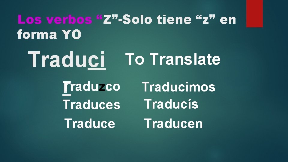 Los verbos “Z”-Solo tiene “z” en forma YO Traduci To Translate Traduzco Traducimos r