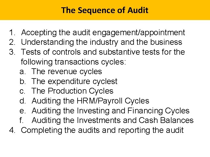 The Sequence of Audit 1. Accepting the audit engagement/appointment 2. Understanding the industry and