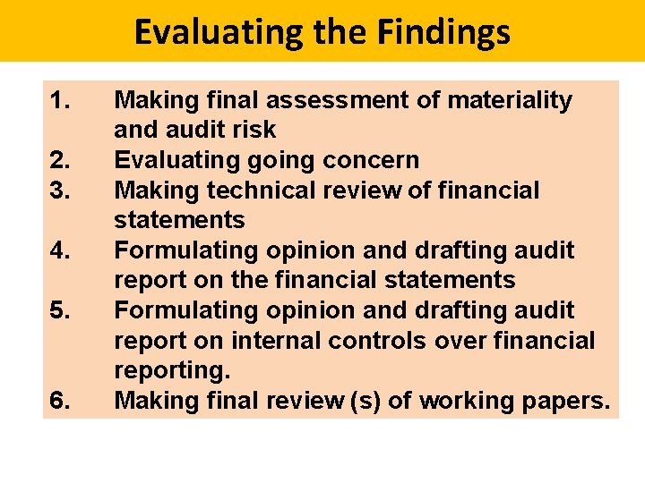 Evaluating the Findings 1. 2. 3. 4. 5. 6. Making final assessment of materiality
