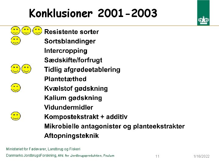 Konklusioner 2001 -2003 Ministeriet for Fødevarer, Landbrug og Fiskeri Danmarks Jordbrugs. Forskning, Afd. for