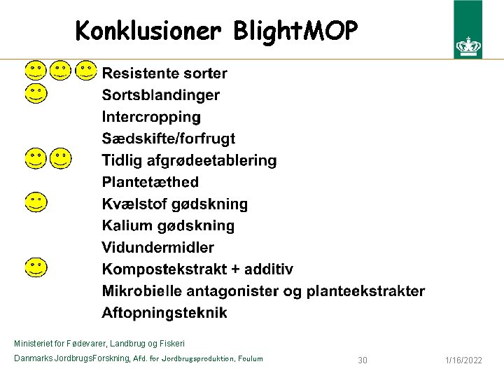 Konklusioner Blight. MOP Ministeriet for Fødevarer, Landbrug og Fiskeri Danmarks Jordbrugs. Forskning, Afd. for