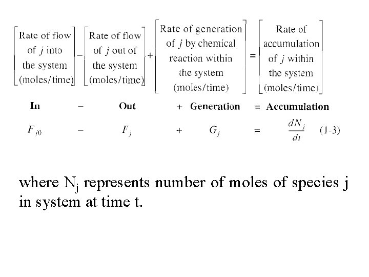 where Nj represents number of moles of species j in system at time t.