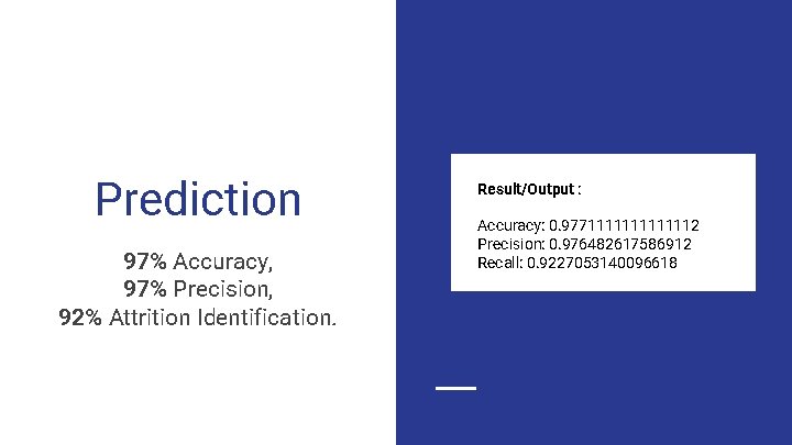 Prediction 97% Accuracy, 97% Precision, 92% Attrition Identification. Result/Output : Accuracy: 0. 9771111112 Precision: