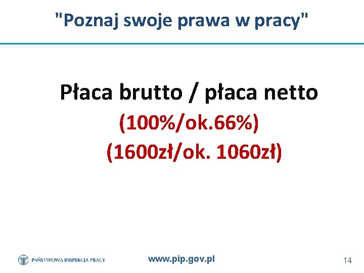 "Poznaj swoje prawa w pracy" Płaca brutto / płaca netto (100%/ok. 66%) (1600 zł/ok.