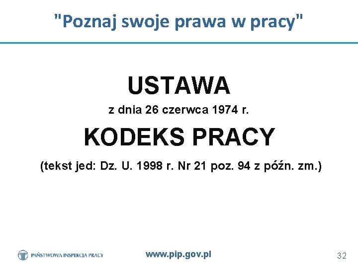 "Poznaj swoje prawa w pracy" USTAWA z dnia 26 czerwca 1974 r. KODEKS PRACY