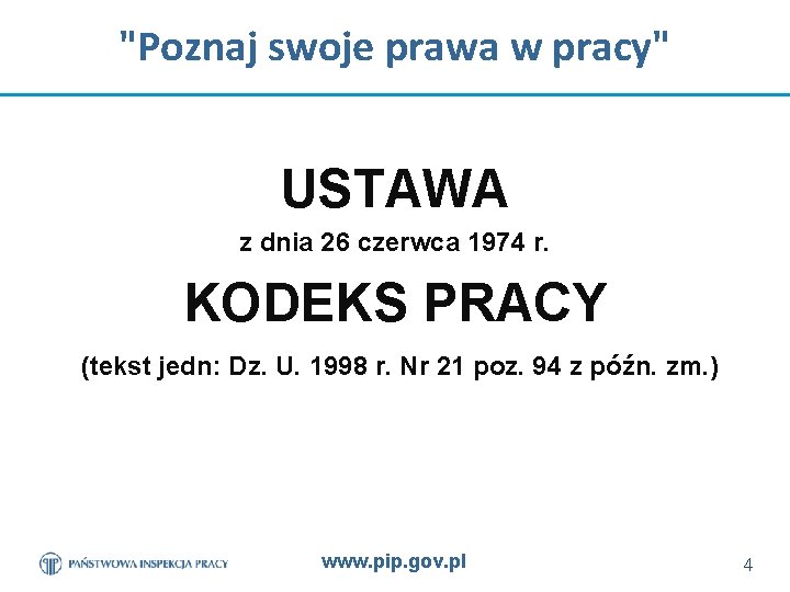 "Poznaj swoje prawa w pracy" USTAWA z dnia 26 czerwca 1974 r. KODEKS PRACY