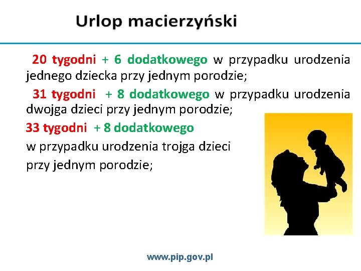 20 tygodni + 6 dodatkowego w przypadku urodzenia jednego dziecka przy jednym porodzie; 31