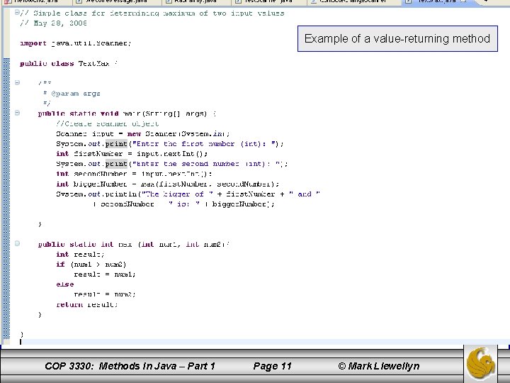 Example of a value-returning method COP 3330: Methods In Java – Part 1 Page