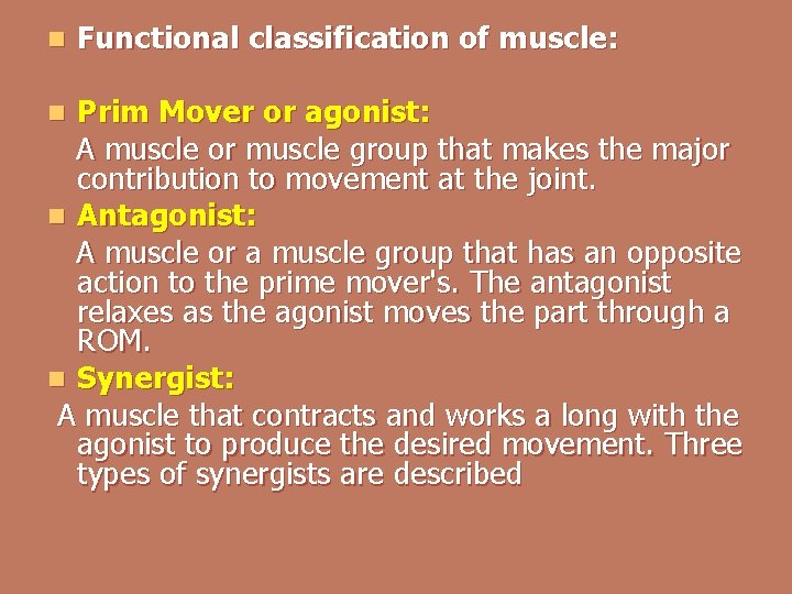 n Functional classification of muscle: Prim Mover or agonist: A muscle or muscle group