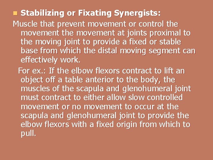 Stabilizing or Fixating Synergists: Muscle that prevent movement or control the movement at joints