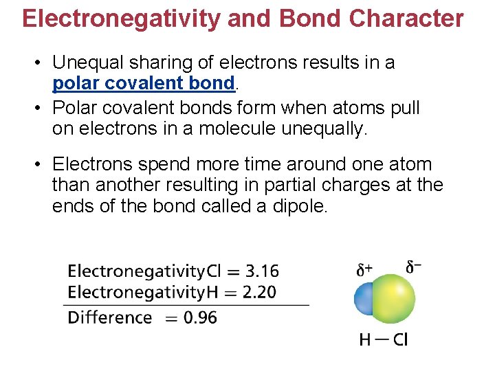 Electronegativity and Bond Character • Unequal sharing of electrons results in a polar covalent