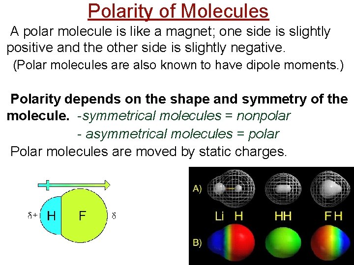 Polarity of Molecules A polar molecule is like a magnet; one side is slightly