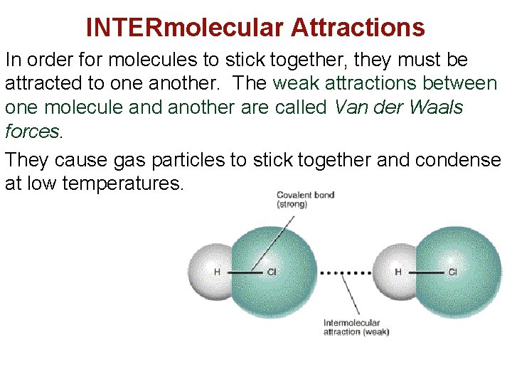 INTERmolecular Attractions In order for molecules to stick together, they must be attracted to