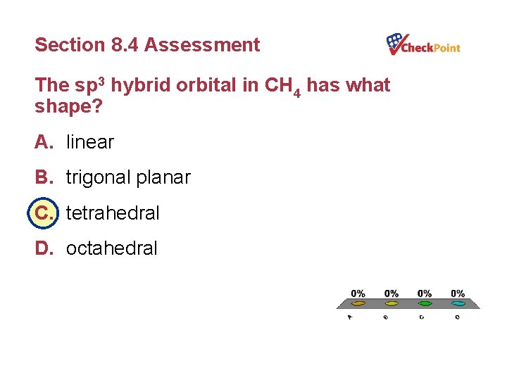 Section 8. 4 Assessment The sp 3 hybrid orbital in CH 4 has what