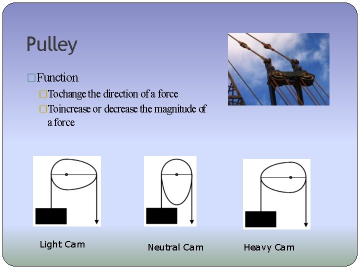 Pulley �Function �Tochange the direction of a force �Toincrease or decrease the magnitude of