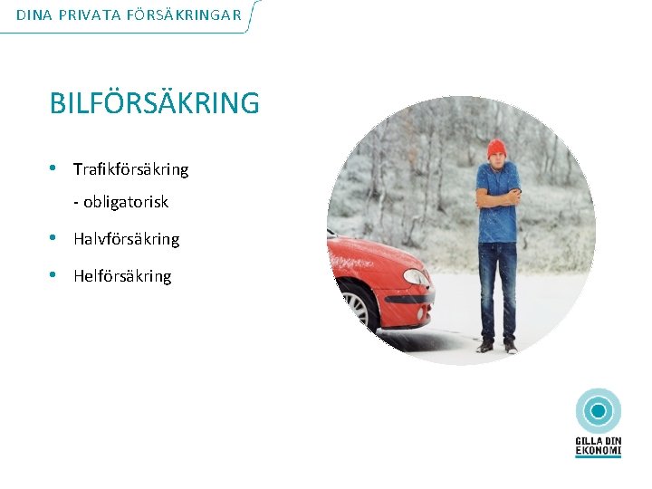 DINA PRIVATA FÖRSÄKRINGAR BILFÖRSÄKRING • Trafikförsäkring - obligatorisk • Halvförsäkring • Helförsäkring 