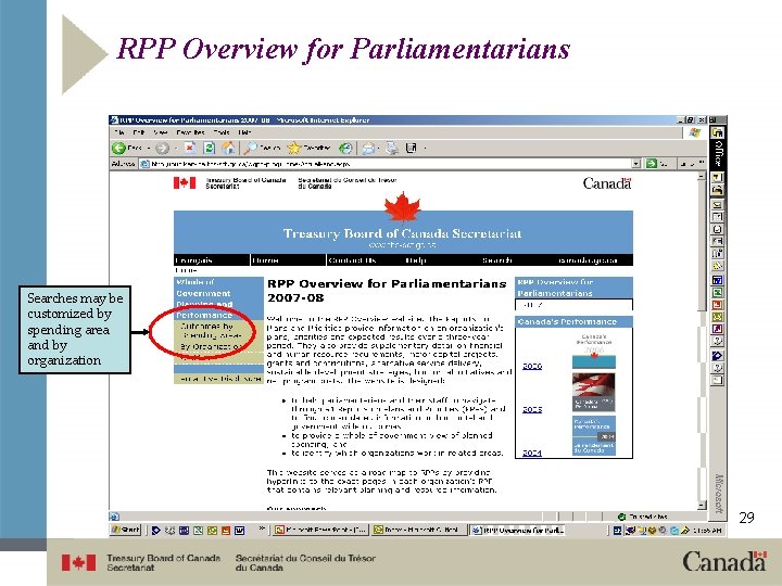 RPP Overview for Parliamentarians Searches may be customized by spending area and by organization