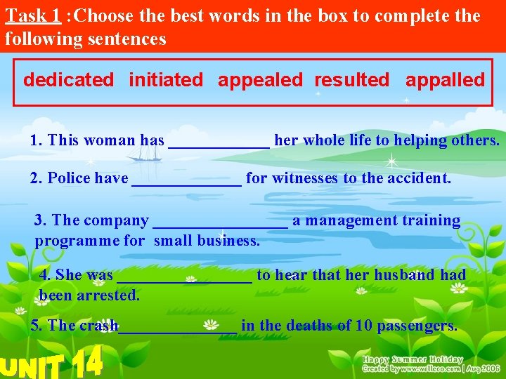Task 1 : Choose the best words in the box to complete the following