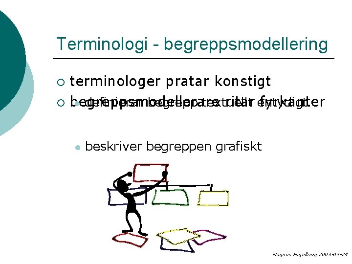 Terminologi - begreppsmodellering terminologer pratar konstigt l definierar begrepp textuellt ¡ begreppsmodellerare ritar entydigt